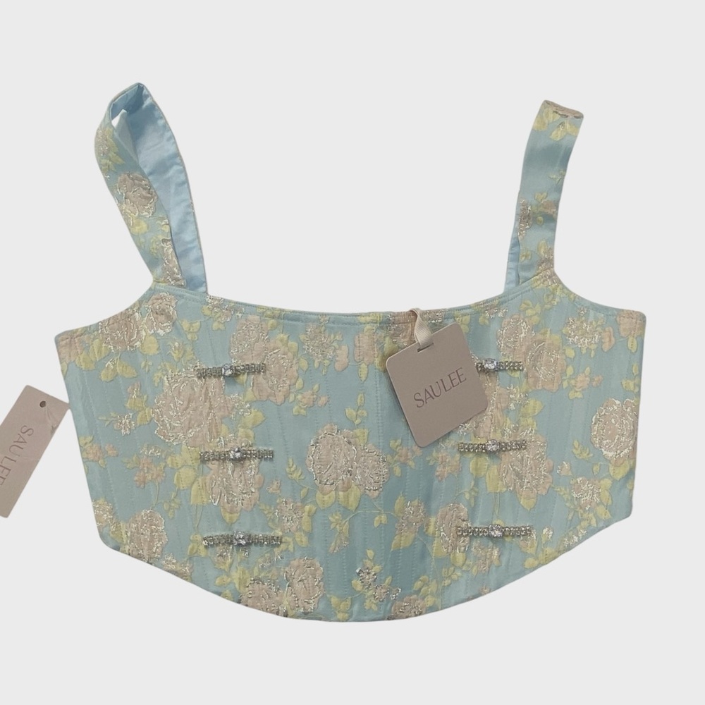 Sau Lee NWT Blue Floral Brocade Crystal Embellished Crop Corset Top Size 2 - Picture 10 of 10